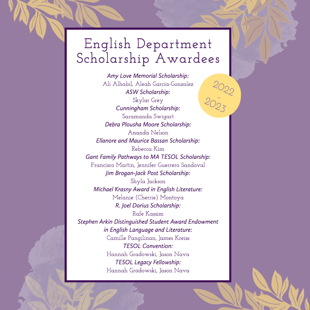 Purple and yellow list of 2022-2023 scholarships awarded 
